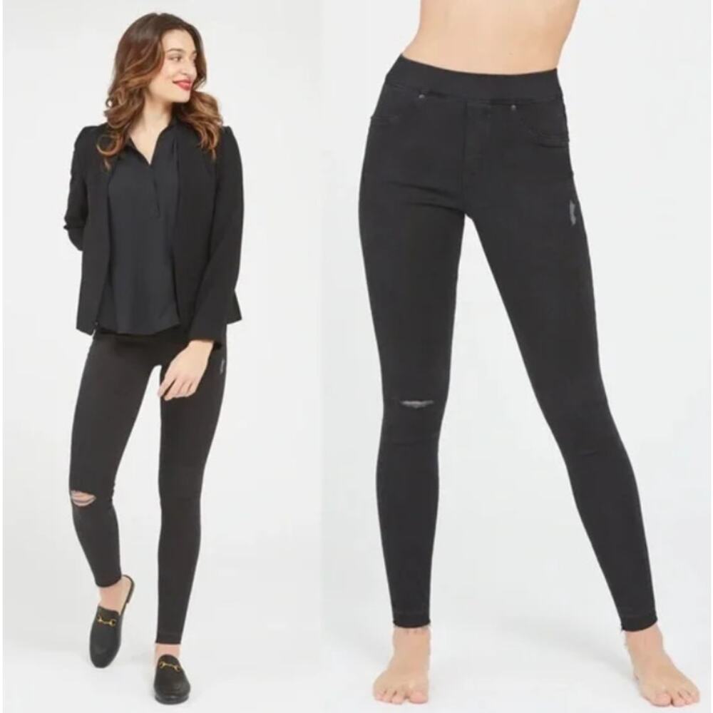 Spanx Jeans Womens Size S Black Distressed Pull On Raw Hem Skinny Slimming